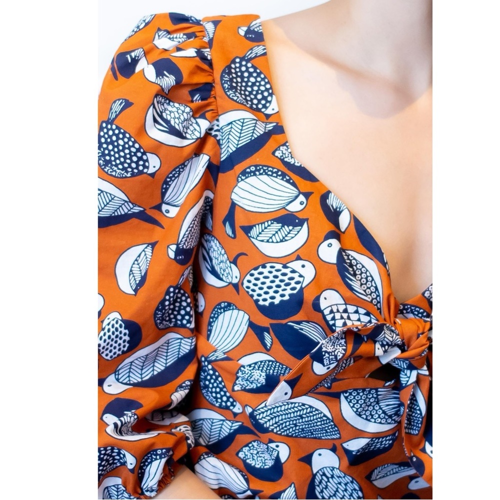Anthropologie Eva Franco Whimsical Bird Puff Sleeve Sweetheart Blouse Size 6 - Picture 12 of 13